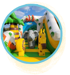 Bouncy castle rentals. A colorful inflatable jungle slide featuring a playful giraffe and elephant. Perfect for outdoor events and children's parties.